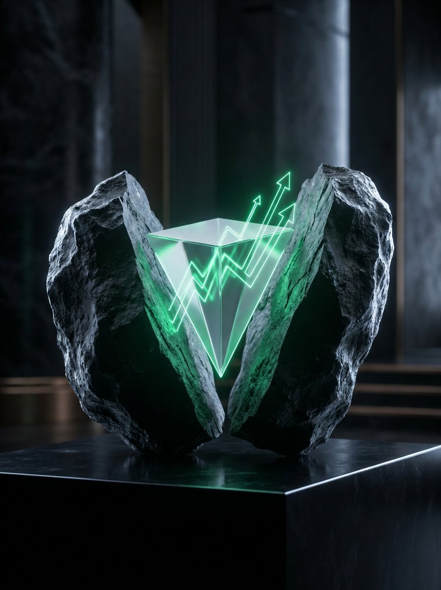 A raw stone split open revealing a glowing prism — hidden value