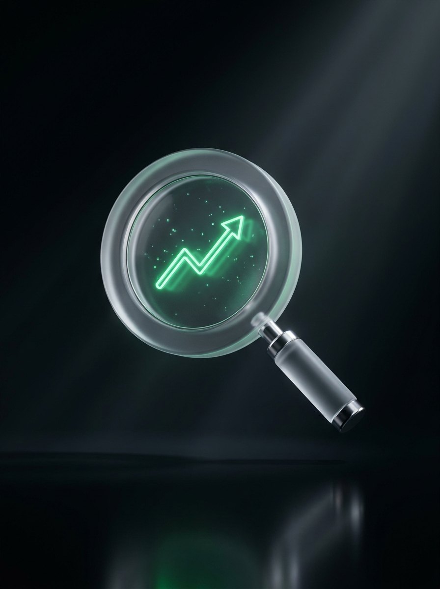 A magnifying glass revealing a rising chart — finding hidden gems